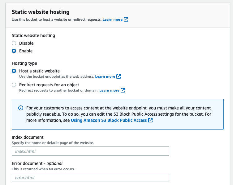 Static website hosting settings